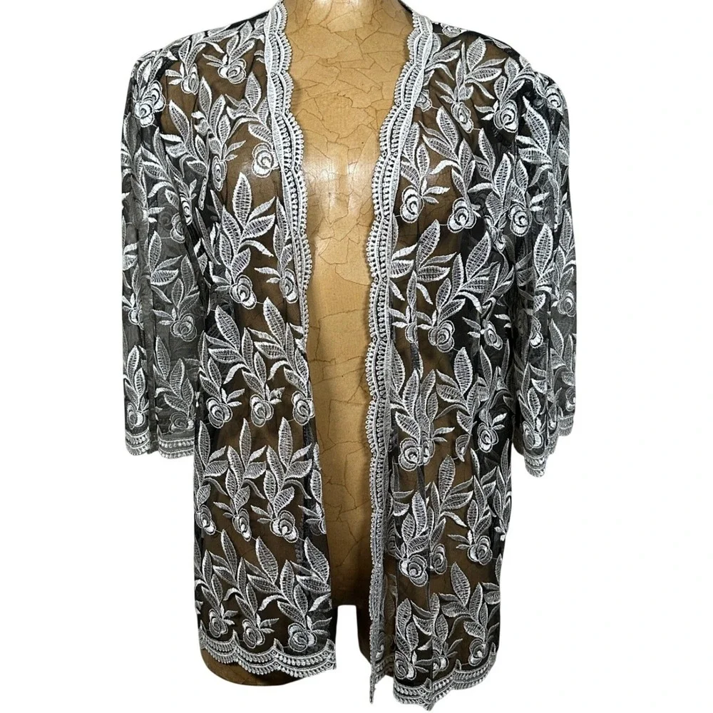 Black White Floral Lace Sheer Open Front Kimono Cardigan Korea Gothic Embroidery